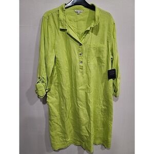 John Mark NWT Linen Shirt Dress Womens L Lime Green 100% Linen Cuffed‎ Sleeves